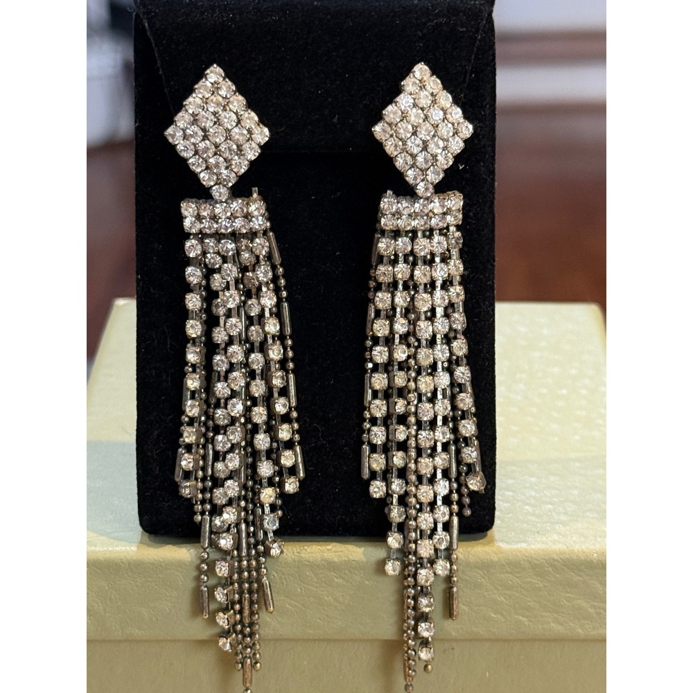 Vintage Rhinestone Fringe Drop Earrings Silver Tone Crystal Waterfall Statement